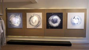 Series of paintings by Caroline Banks at Pringle of Scotland Mayfair store